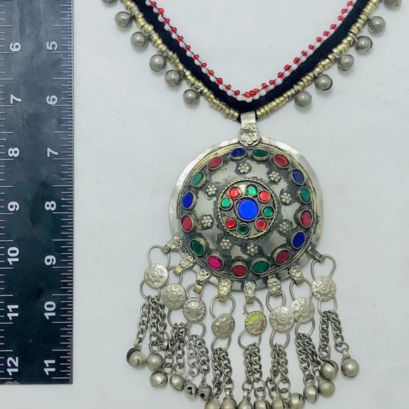 Tribal Afghani Pendant Necklace With Glass Stones and Bells - Picture 8 of 10